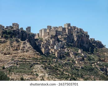 Traditional Yemeni mud-brick architecture in a mountain village of the Hajjah Governorate, Yemen
