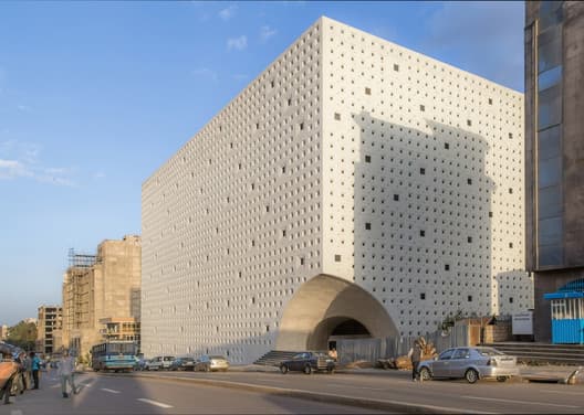 Modern architectural facade of a market or commercial building in Ethiopia