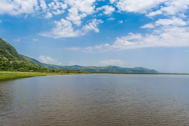 Natural lakeside landscape near Lake Rukwa in Sumbawanga, Tanzania, showing water and surrounding terrain