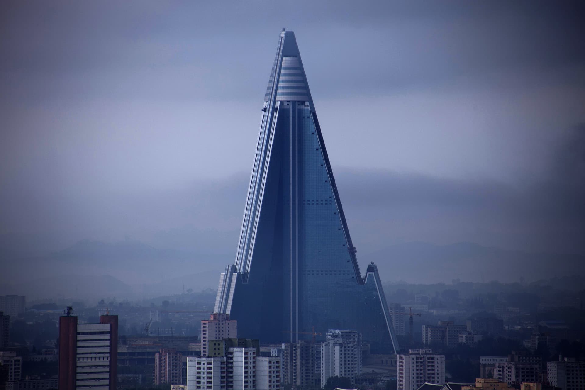 Pyramid-shaped Ryugyong Hotel building exterior in Pyongyang