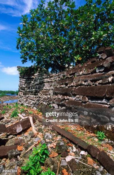 Close-up detail of ancient basalt stone architecture at Nan Madol, Micronesia
