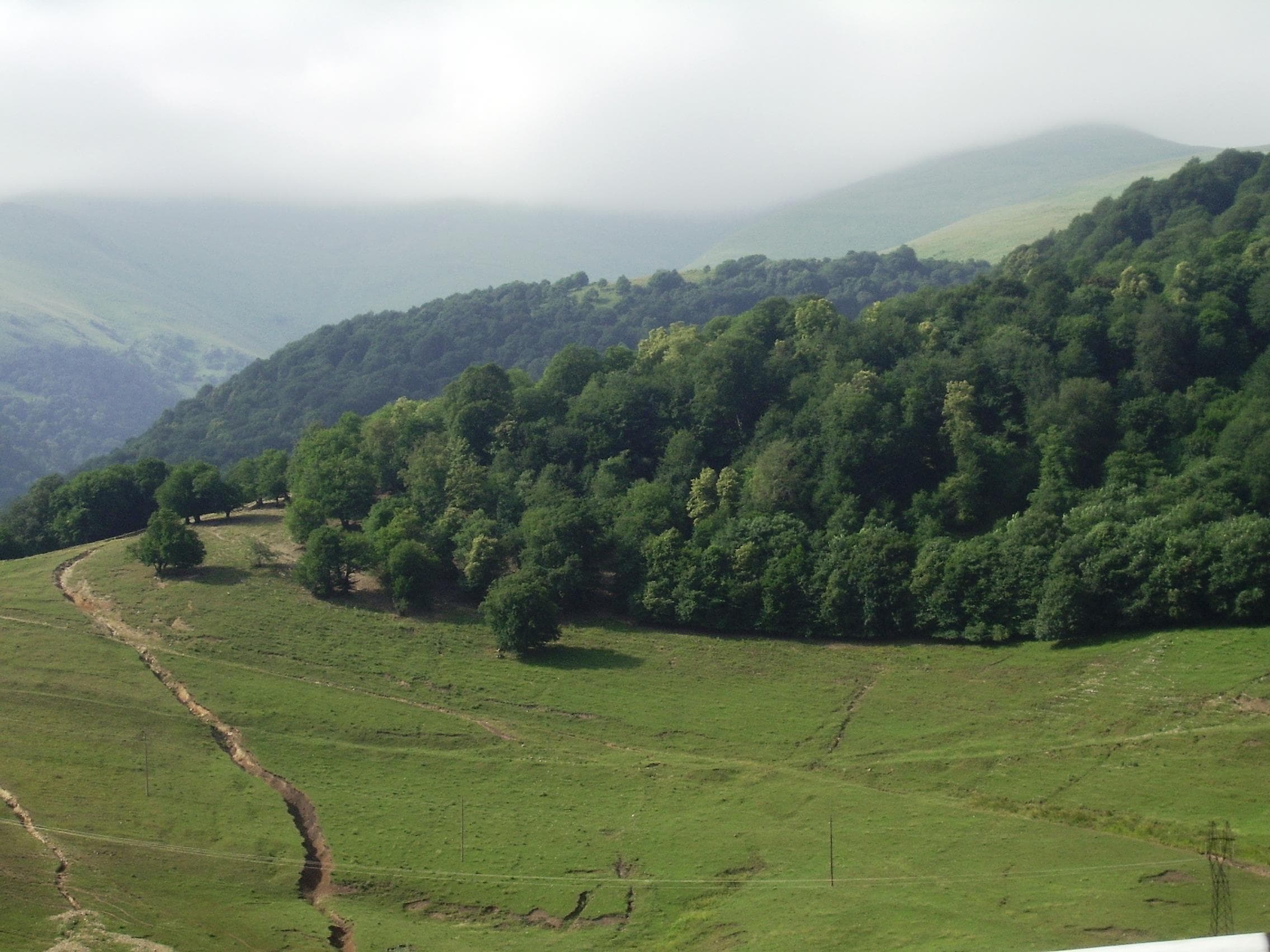 Misty green hills and dense forests characterize the scenic landscape of Tavush Province, Armenia, with winding dirt tracks visible on the slopes.