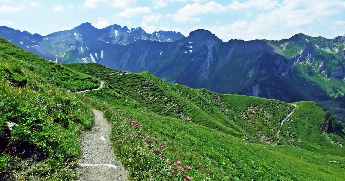 Scenic hiking path winding through blooming meadows and wooded hills in the Liechtenstein Alps during spring