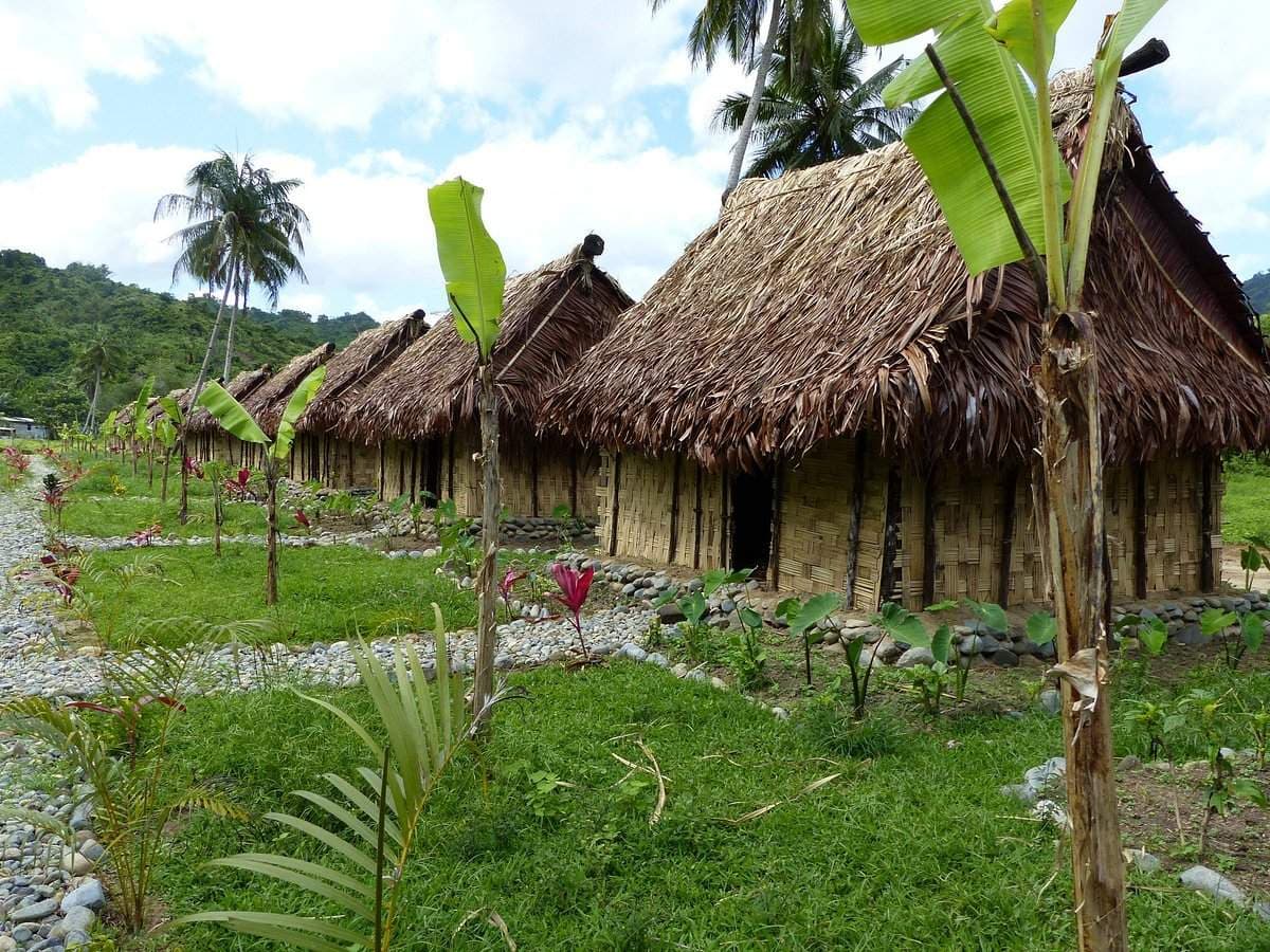 A row of traditional thatched-roof huts lines a gravel path in a lush, green tropical setting with banana plants and palm trees at Namosi Eco Retreat.