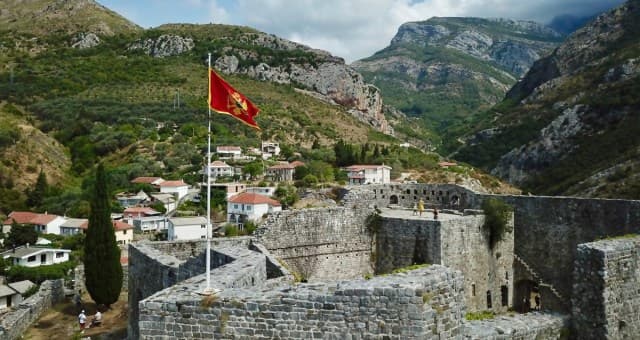 Stone ruins and medieval fortress walls of Stari Bar overlooking the sea