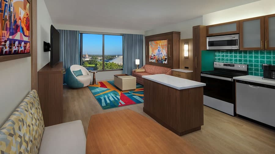 Hotel suite with kitchenette and connecting rooms for families traveling with children