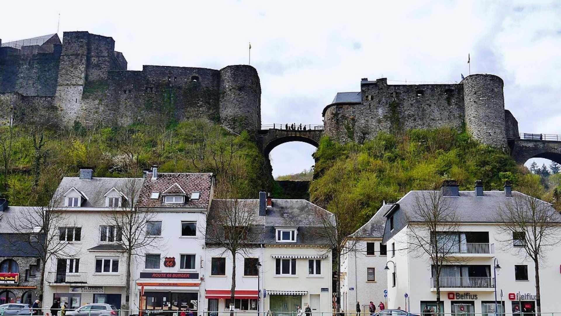 Medieval Château de Bouillon castle exterior on cliffs above the Meuse River