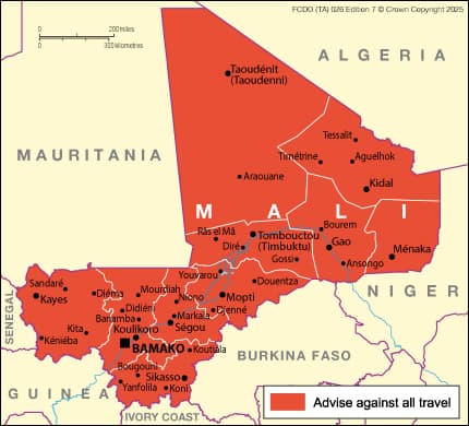 Official travel advisory map for Mali showing security zones and safety recommendations