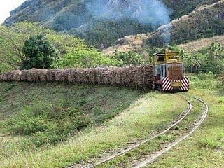 A narrow-gauge train hauling a long load of sugar cane travels along tracks through a lush, green landscape near Labasa with hills in the background.