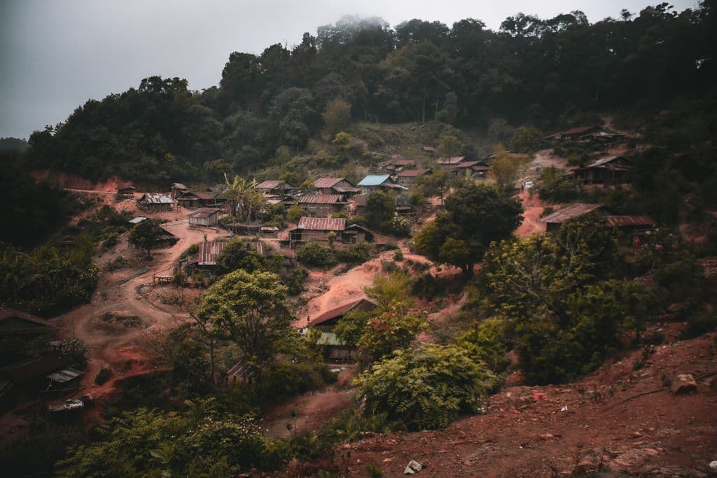 A hillside village with scattered houses and dirt paths nestled among lush green trees and vegetation under an overcast sky.