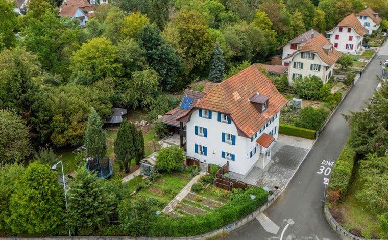 Aerial view of a residential street with white houses, red roofs, gardens, and dense trees in the rural area around Wolfwil, Canton Solothurn.