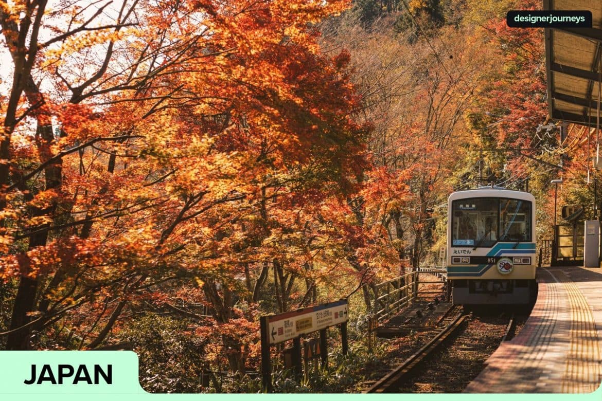 Autumn train travel through colorful forests and mountainous regions