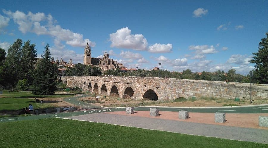 Scenic view of the Tormes River landscape in Salamanca with spring foliage