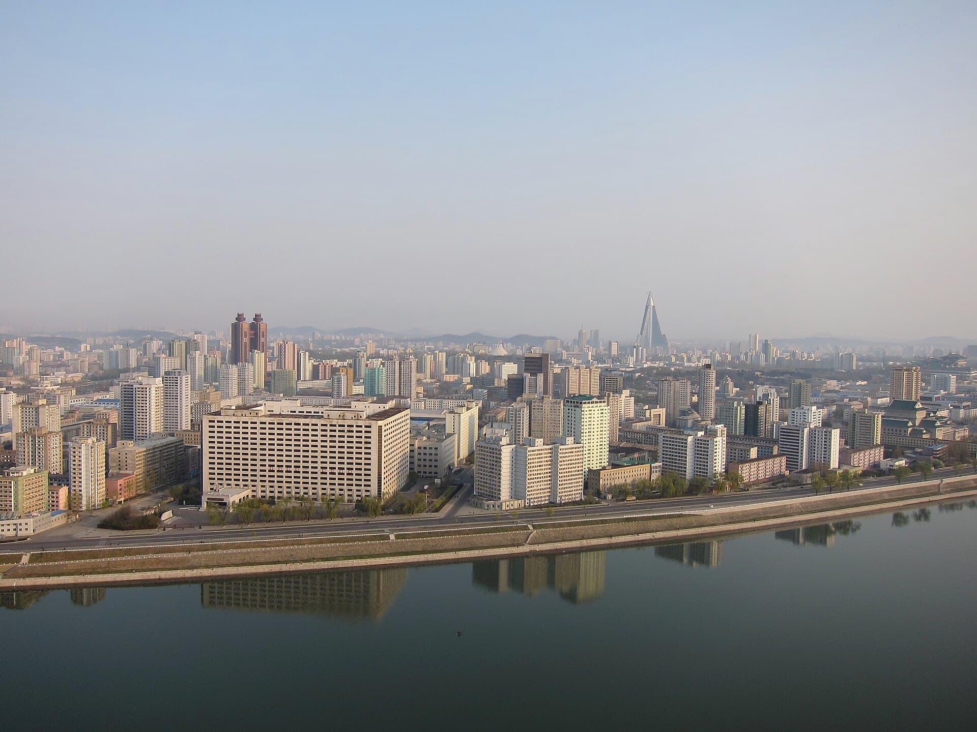 Aerial view of Pyongyang city and river in North Korea