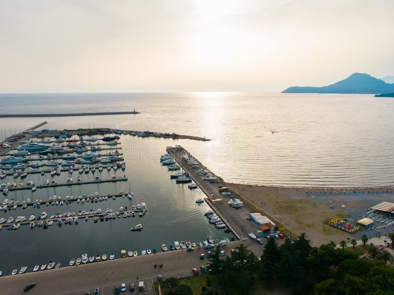 Aerial landscape view of the yacht marina and harbor in Bar, Montenegro