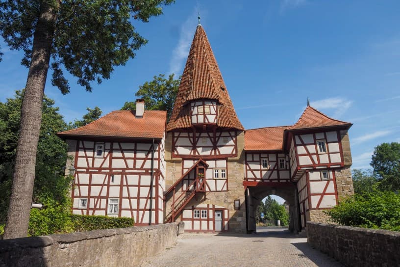 Historic center of Volkach, Germany, showcasing preserved medieval architecture and cobblestone alleys