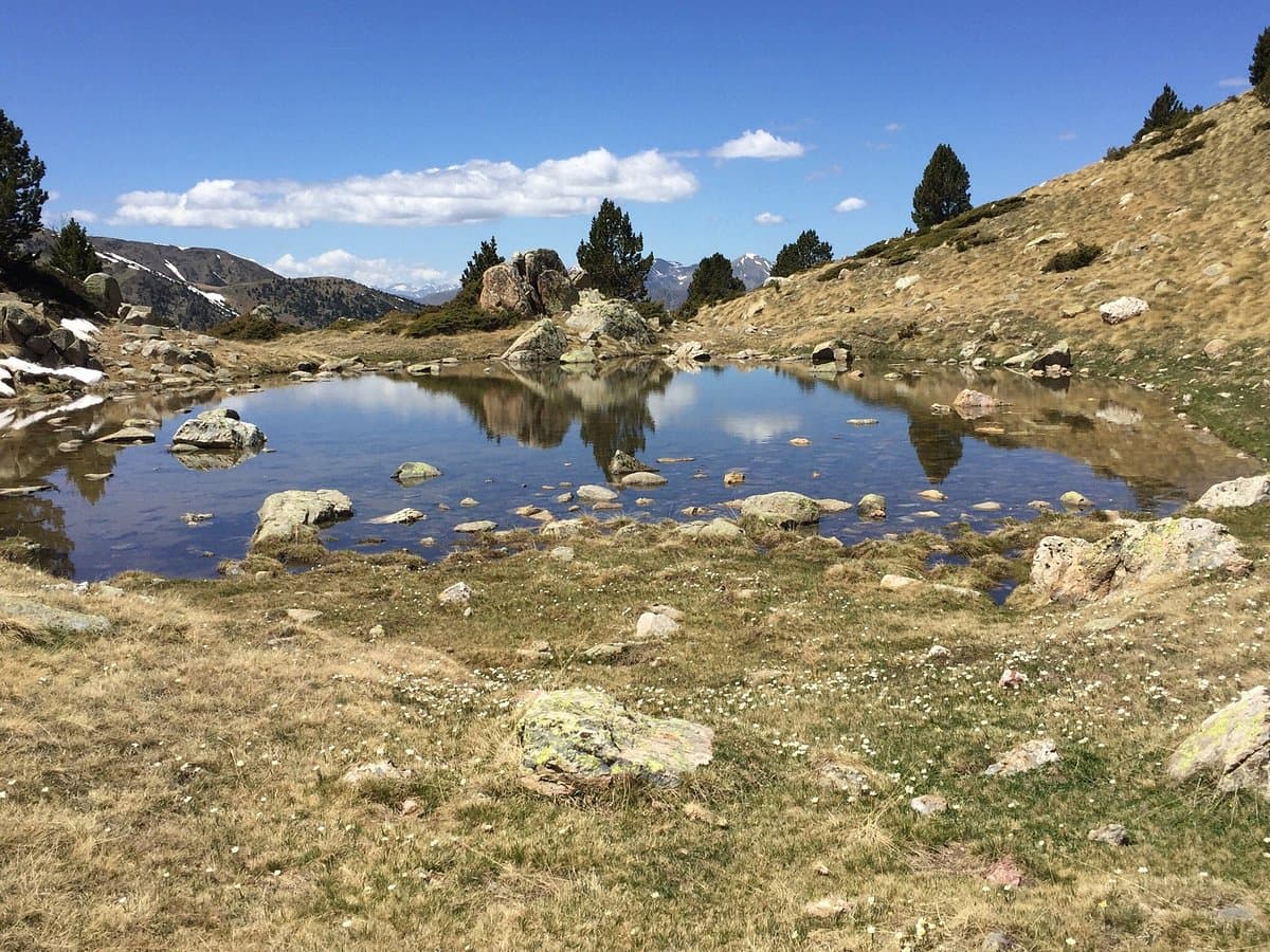A serene alpine pond reflects the blue sky and surrounding rocky hills in a mountainous landscape, likely within the Vall del Madriu valley.