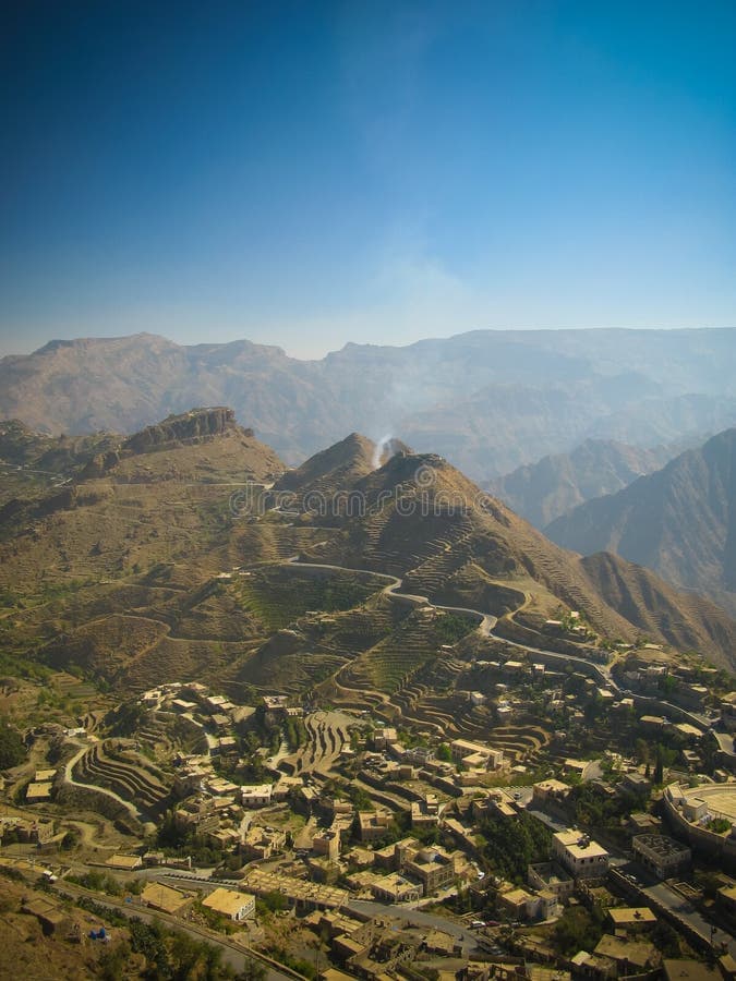 Aerial landscape of the Haraz Mountains and rural villages in Yemen's Hajjah Governorate during spring