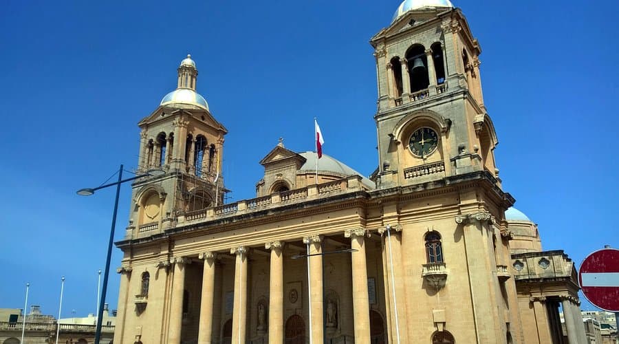 The facade of the Church of Christ the King, a prominent landmark in Paola, Malta
