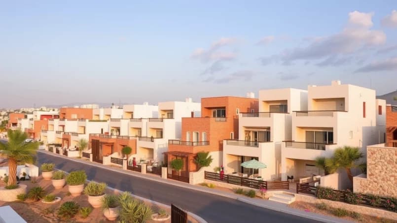 A modern residential street in Ben Arous featuring contemporary white and terracotta villas, manicured landscaping, and a clear paved road under a blue sky.