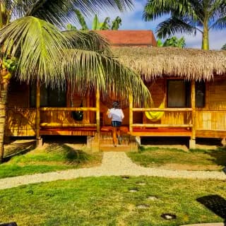 Thatched-roof wooden bungalow with a person walking on the porch, surrounded by palm trees and a grassy yard.