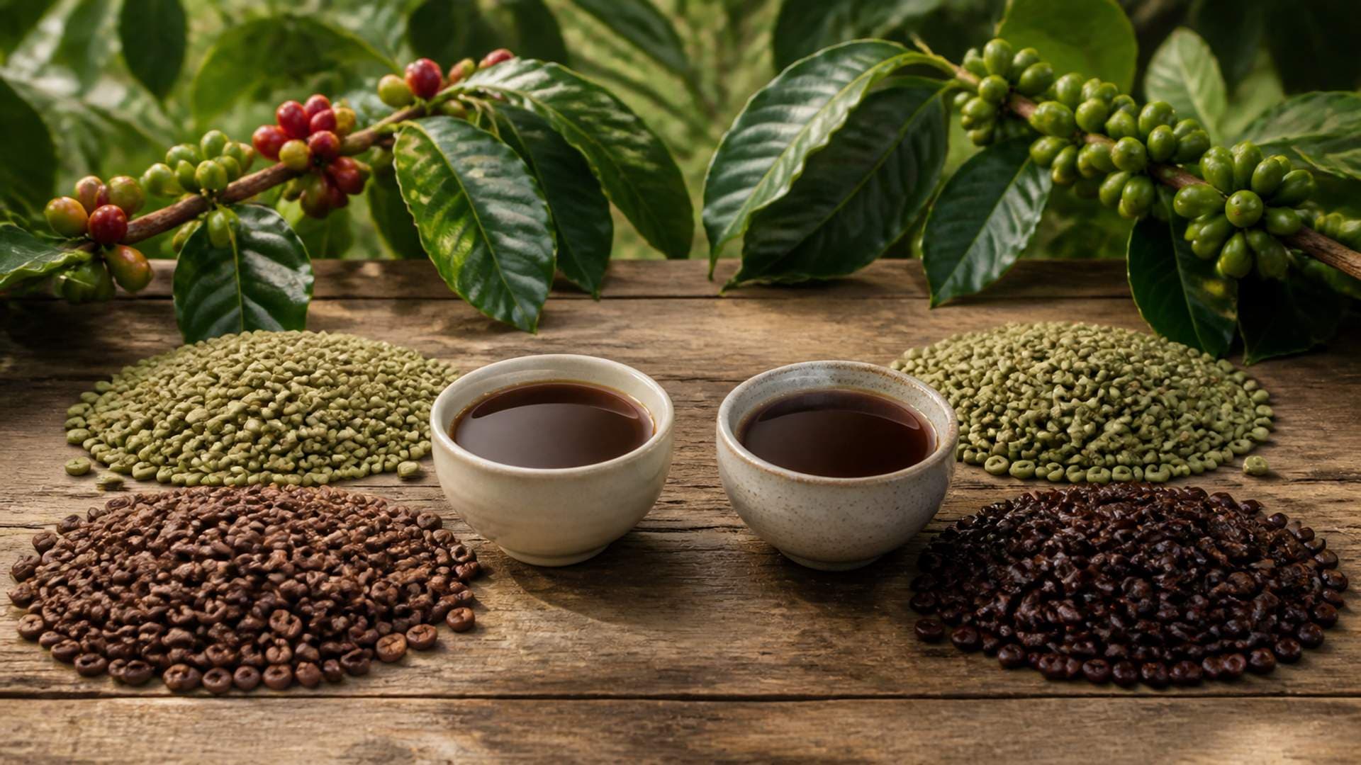 Close-up of arabica coffee branches bearing green and red cherries next to piles of raw and roasted beans and two cups of brewed coffee on a wooden table.