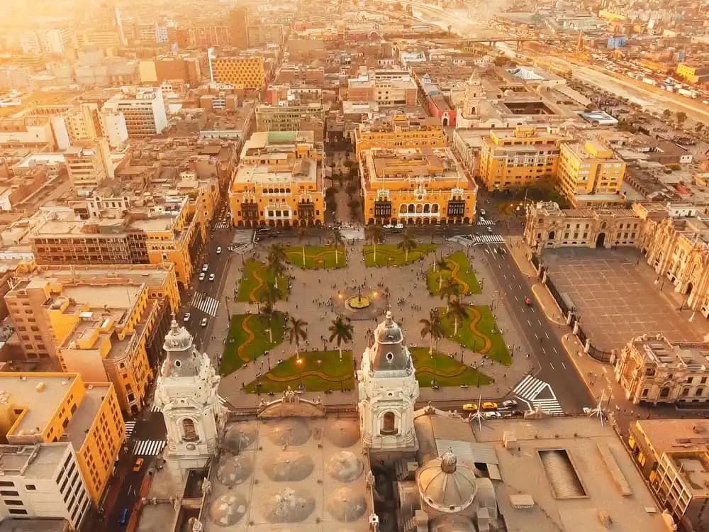 Colonial architecture and Plaza Mayor landmark in Lima's historic center