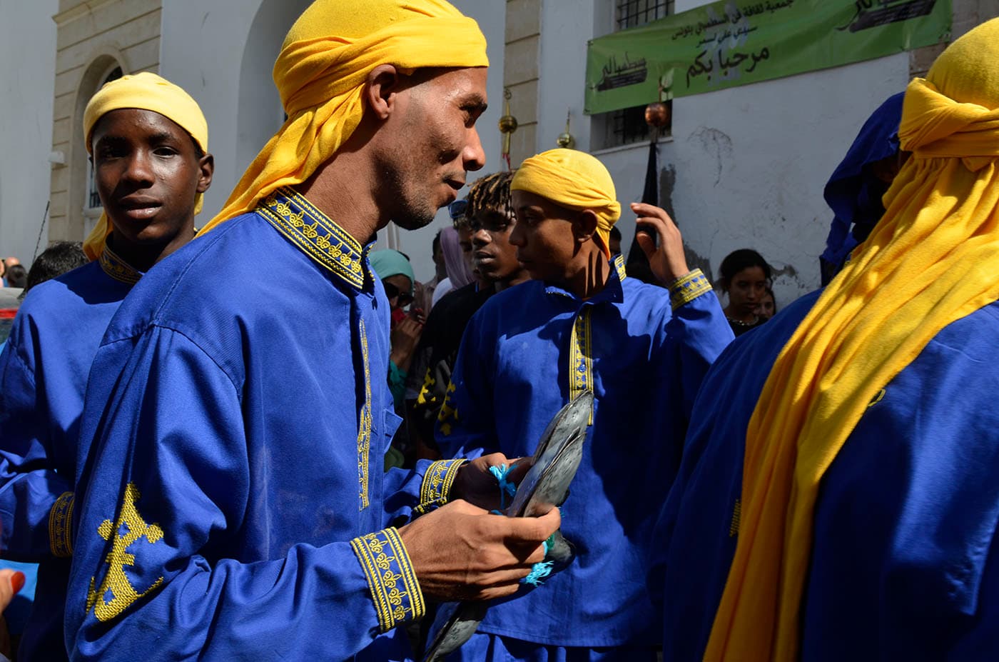 Traditional Tunisian Stambeli music performance in the Medina of Tunis, with dancers and musicians