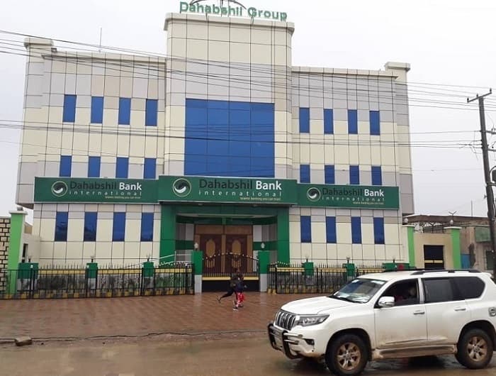 Exterior view of the Dahabshiil Bank International building with a white SUV parked on the wet street in front.