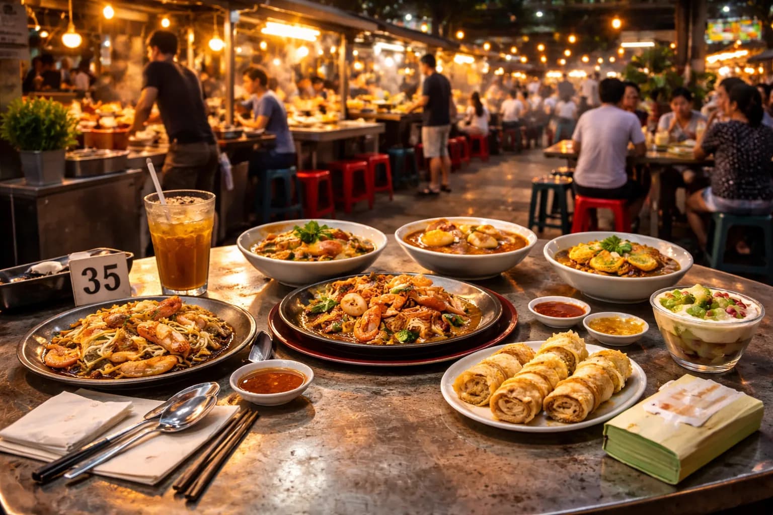 Street view of a hawker center in Singapore with food stalls and outdoor seating