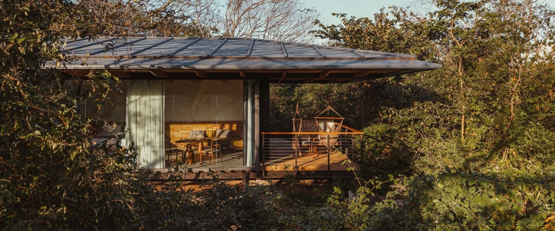 Modern rural cabin with a flat roof and glass walls, featuring a wooden deck with hanging chairs, nestled in dense green foliage.
