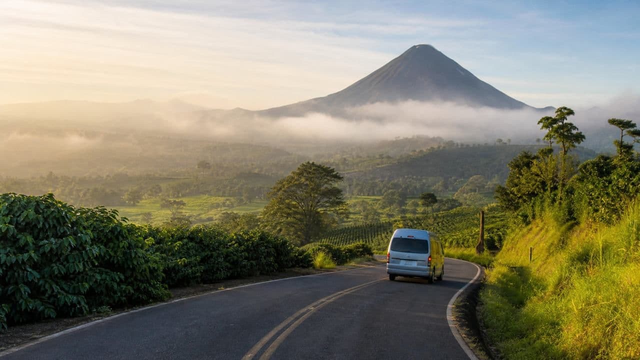 A silver van drives along a winding paved road through lush green hills toward a prominent volcano shrouded in morning mist.