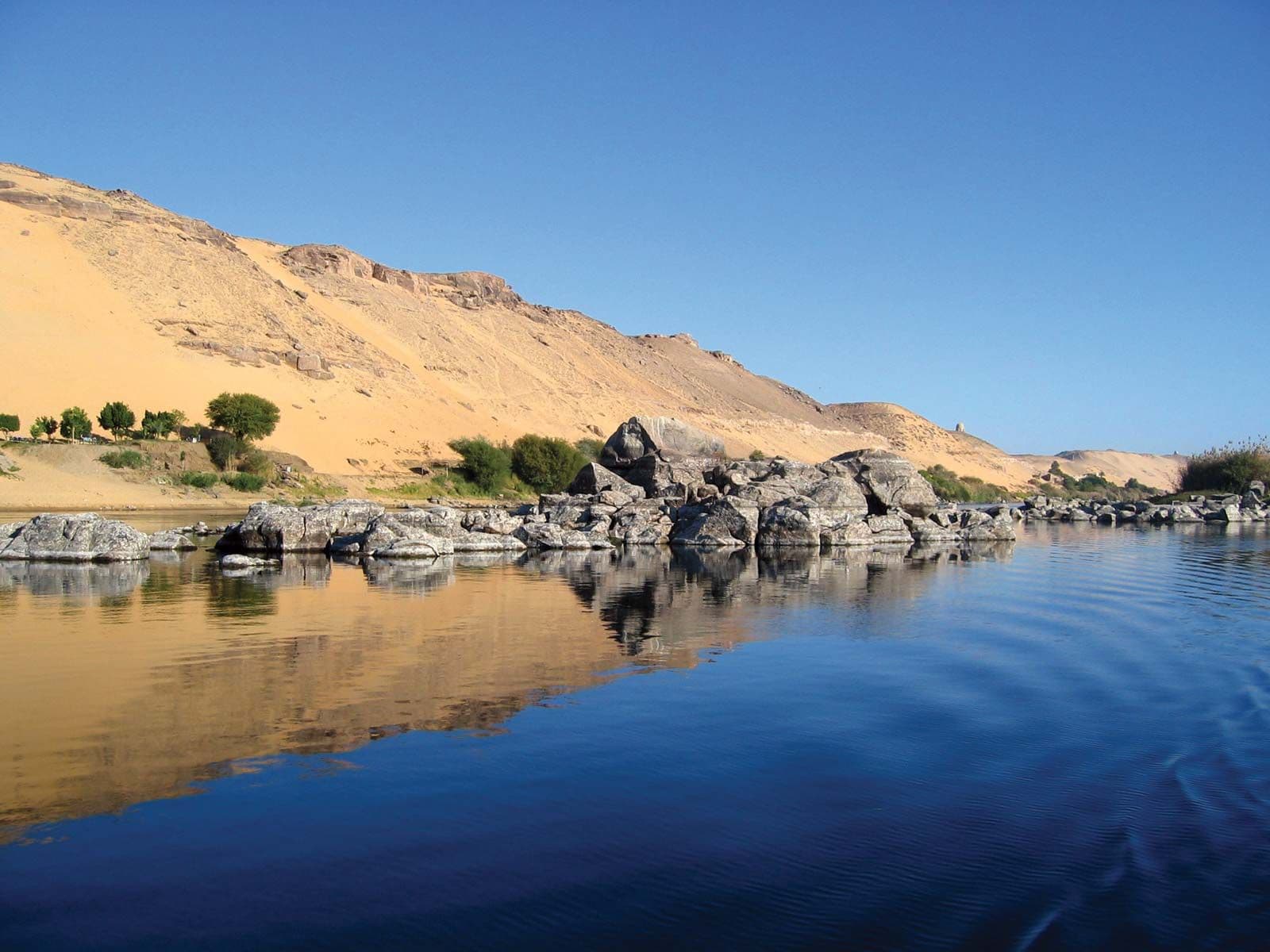 Wide view of the Nile River cutting through sand dunes and rocky desert landscape in Sudan