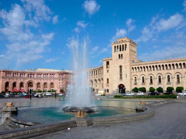 Exterior views of historic buildings in Artashat's central district, Armenia