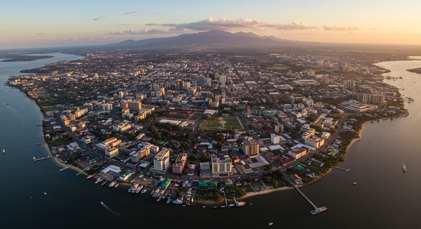 Aerial view of a coastal city at sunset, with a harbor, waterfront, and distant mountains, illustrating the Mtwara Region's coastal setting.