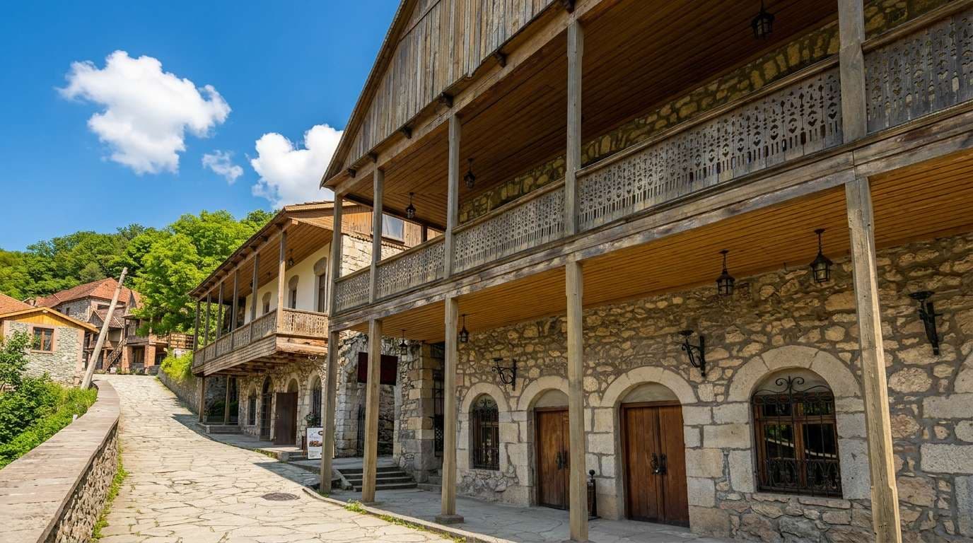 Stone-paved street lined with traditional wooden and stone buildings featuring balconies in Dilijan, Armenia, under a blue sky.