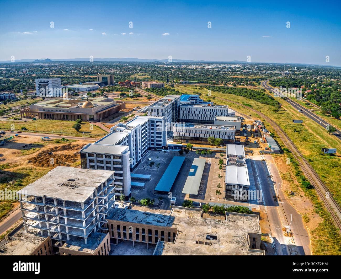 Aerial shot of modern office buildings and city skyline in Gaborone, capital of Botswana