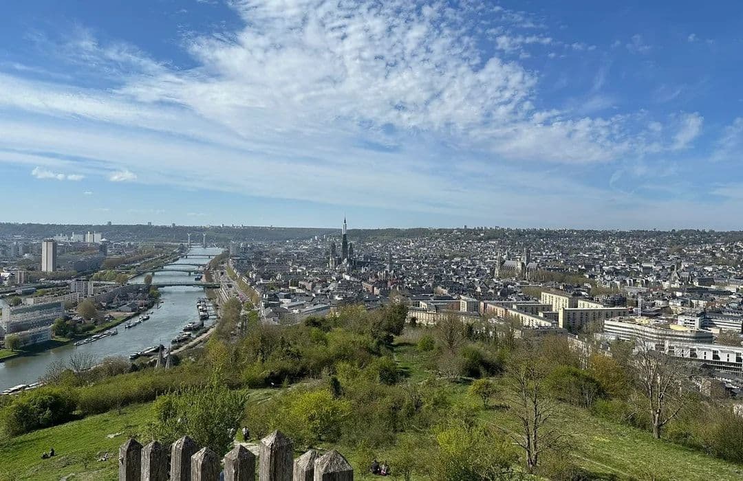 Elevated panoramic view of Rouen with a river, cathedral spire, and green foreground under a partly cloudy sky.