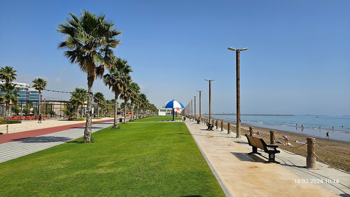 Exterior of a modern hotel overlooking the sea in Dibba Al Fujairah Municipality, United Arab Emirates during spring