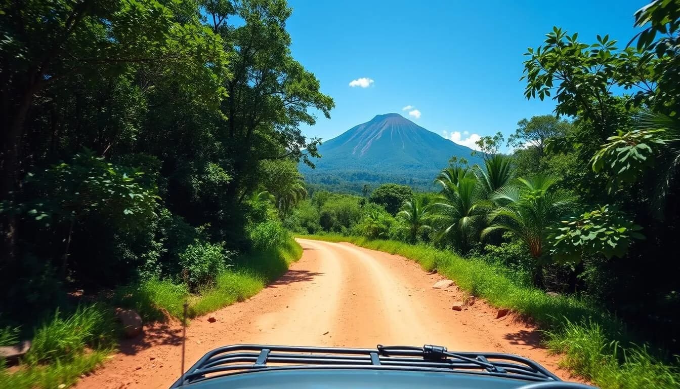 POV shot from a vehicle driving on a red dirt road through lush green forest towards a large mountain under a blue sky.