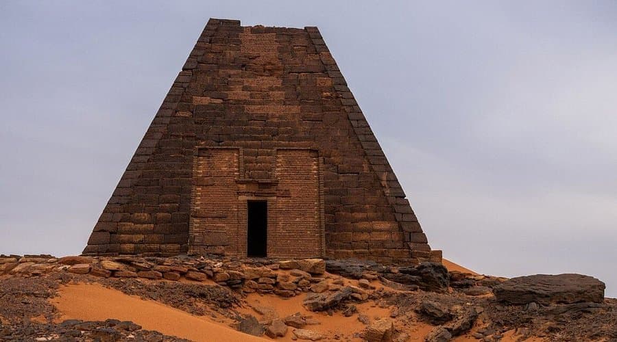 Group of Nubian pyramids at Meroë, Sudan, standing in the desert landscape, ancient archaeological site