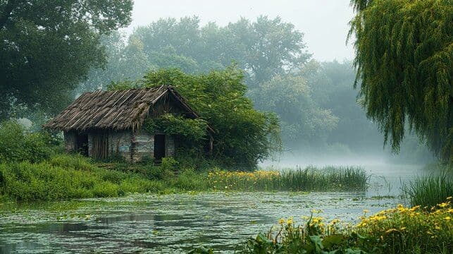 Misty riverbank scene featuring a rustic wooden hut surrounded by lush greenery, lily pads, and yellow wildflowers near the water's edge.