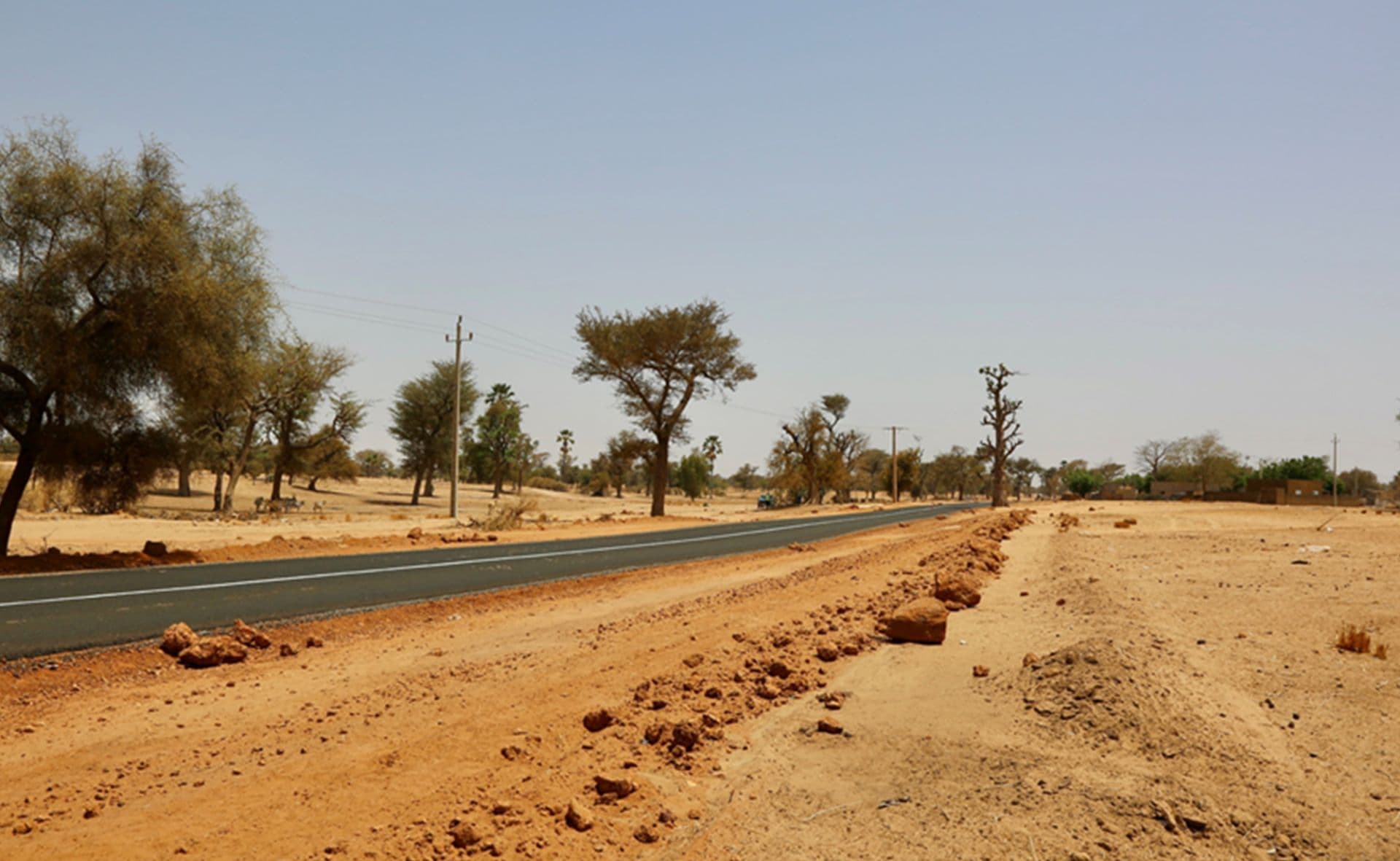 Paved two-lane road cutting through arid rural landscape with scattered trees, utility poles, and distant buildings under a clear sky.